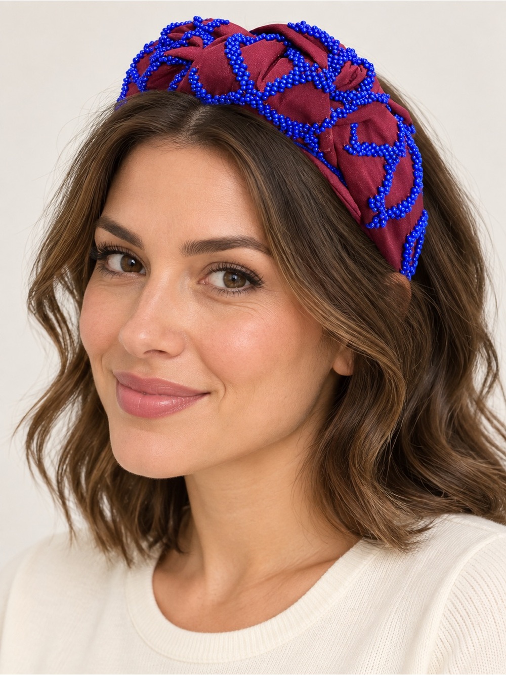 Embellished Knot Headband in Burgundy and Cobalt Blue